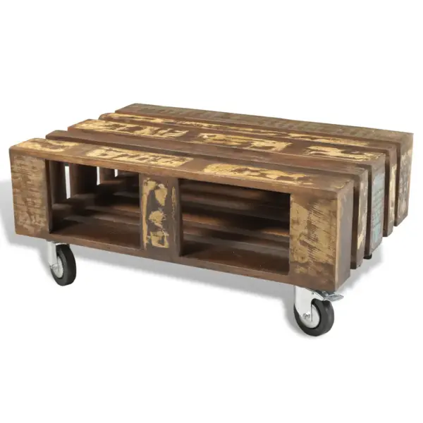Taaskasutatud puidust kohvilaud lukustatavate ratastega, hoiukohaga, mitmevärviline, 80 x 56 x 34 cm – 7