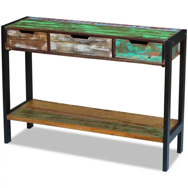 Retrostiilis konsoolilaud 3 sahtliga, taaskasutatud puit ja terasraam, mitmevärviline, 110 x 35 x 78 cm – 5