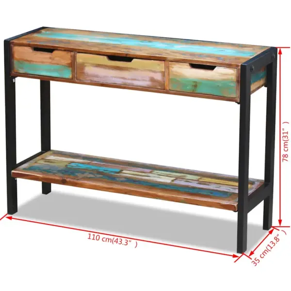 Retrostiilis konsoolilaud 3 sahtliga, taaskasutatud puit ja terasraam, mitmevärviline, 110 x 35 x 78 cm – 8
