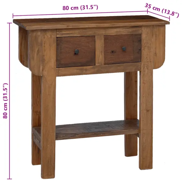 Taaskasutatud segapuidust konsoollaud kahe sahtli ja riiuliga, pruun, 80 x 35 x 80 cm – 11