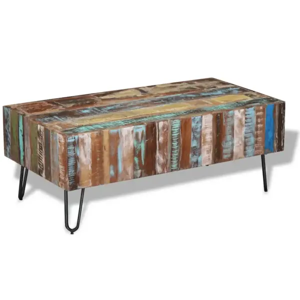 Mitmevärviline kohvilaud taaskasutatud puidust metalljalgadel, 100 x 50 x 38 cm – 2