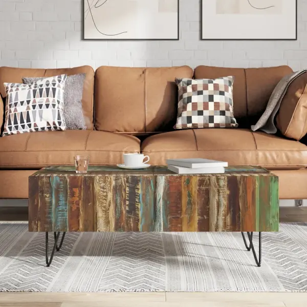 Mitmevärviline kohvilaud taaskasutatud puidust metalljalgadel, 100 x 50 x 38 cm – 3