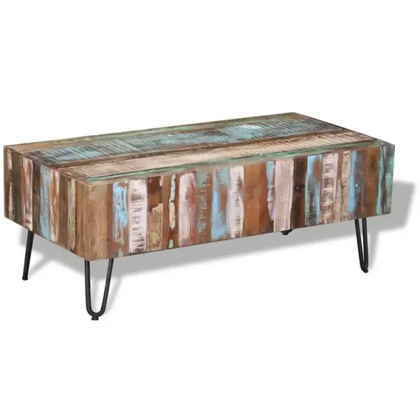 Mitmevärviline kohvilaud taaskasutatud puidust metalljalgadel, 100 x 50 x 38 cm – 4