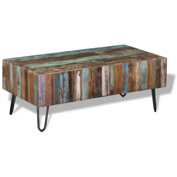 Mitmevärviline kohvilaud taaskasutatud puidust metalljalgadel, 100 x 50 x 38 cm – 7
