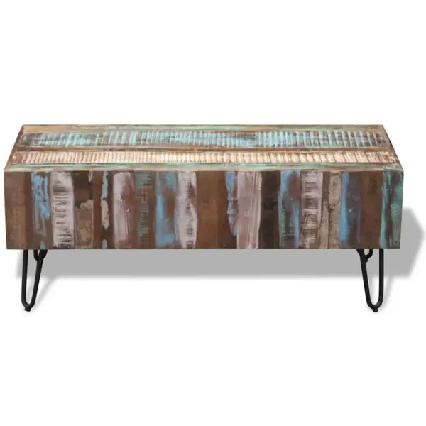 Mitmevärviline kohvilaud taaskasutatud puidust metalljalgadel, 100 x 50 x 38 cm – 8