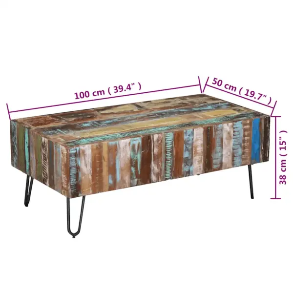 Mitmevärviline kohvilaud taaskasutatud puidust metalljalgadel, 100 x 50 x 38 cm – 10