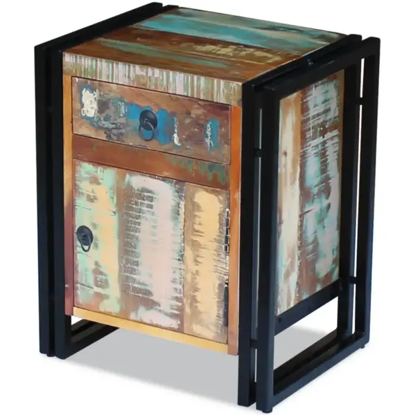 Retrostiilis taaskasutatud puidust öökapp terasraamiga, sahtli ja uksega riiuliga, mitmevärviline, 43 x 33 x 51 cm – 2