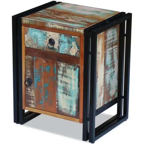 Retrostiilis taaskasutatud puidust öökapp terasraamiga, sahtli ja uksega riiuliga, mitmevärviline, 43 x 33 x 51 cm – 3