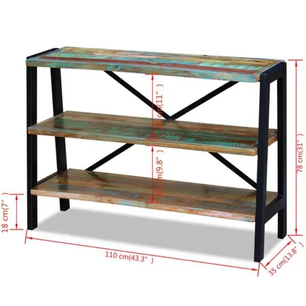 Vintage puhvetriiul 3 riiuliga, taaskasutatud puit ja terasraam, mitmevärviline, 110 x 35 x 78 cm – 8