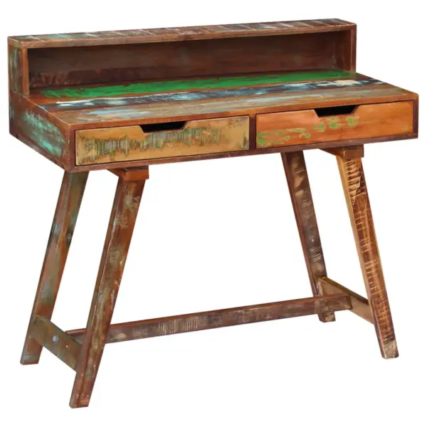 Retro kirjutuslaud taaskasutatud puidust, mitmevärviline, kahe sahtliga, 100 x 45 x 90 cm – 11