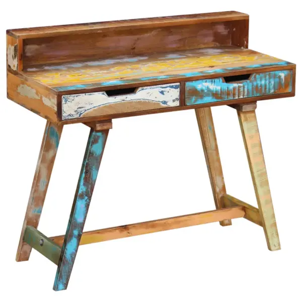 Retro kirjutuslaud taaskasutatud puidust, mitmevärviline, kahe sahtliga, 100 x 45 x 90 cm – 12