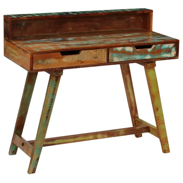 Retro kirjutuslaud taaskasutatud puidust, mitmevärviline, kahe sahtliga, 100 x 45 x 90 cm – 13