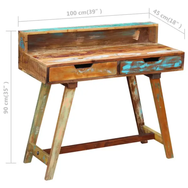 Retro kirjutuslaud taaskasutatud puidust, mitmevärviline, kahe sahtliga, 100 x 45 x 90 cm – 9