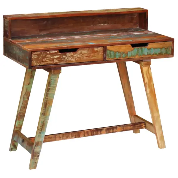 Retro kirjutuslaud taaskasutatud puidust, mitmevärviline, kahe sahtliga, 100 x 45 x 90 cm – 10
