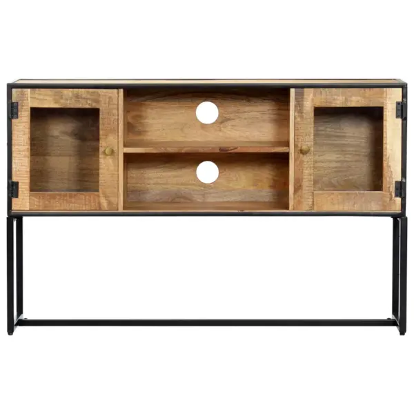 Taaskasutatud puidust telerialus terasraamiga, 2 ukse ja 2 avatud sektsiooniga, pruun, 120 x 30 x 75 cm – 2