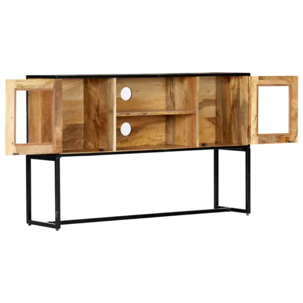 Taaskasutatud puidust telerialus terasraamiga, 2 ukse ja 2 avatud sektsiooniga, pruun, 120 x 30 x 75 cm – 3