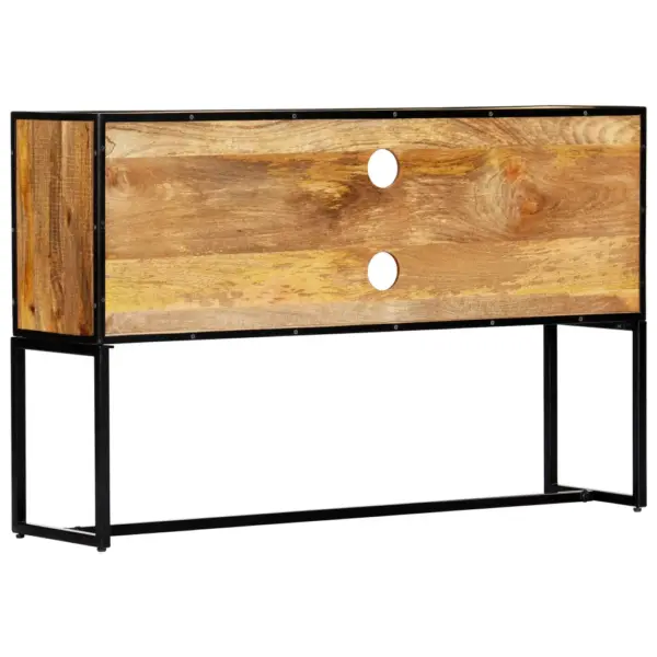 Taaskasutatud puidust telerialus terasraamiga, 2 ukse ja 2 avatud sektsiooniga, pruun, 120 x 30 x 75 cm – 4