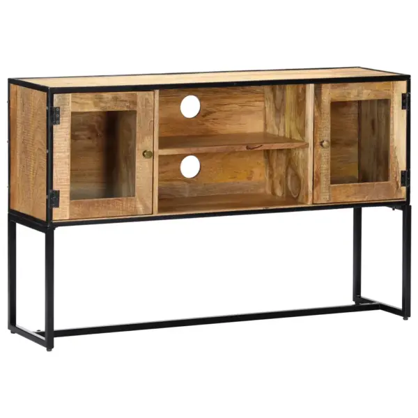 Taaskasutatud puidust telerialus terasraamiga, 2 ukse ja 2 avatud sektsiooniga, pruun, 120 x 30 x 75 cm – 9