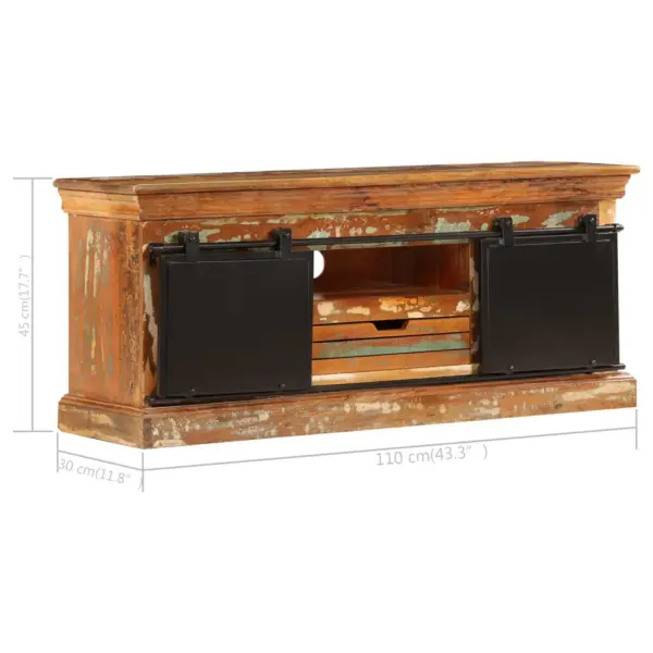 Taaskasutatud puidust telerialus metallist liugustega, 3 sektsiooni ja sahtliga, 110 x 30 x 45 cm – 12
