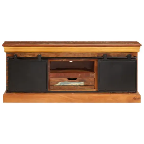 Taaskasutatud puidust telerialus metallist liugustega, 3 sektsiooni ja sahtliga, 110 x 30 x 45 cm – 3