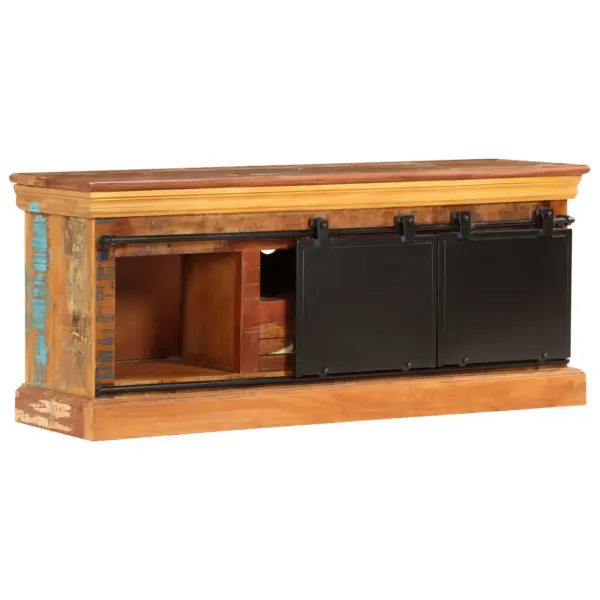 Taaskasutatud puidust telerialus metallist liugustega, 3 sektsiooni ja sahtliga, 110 x 30 x 45 cm – 4