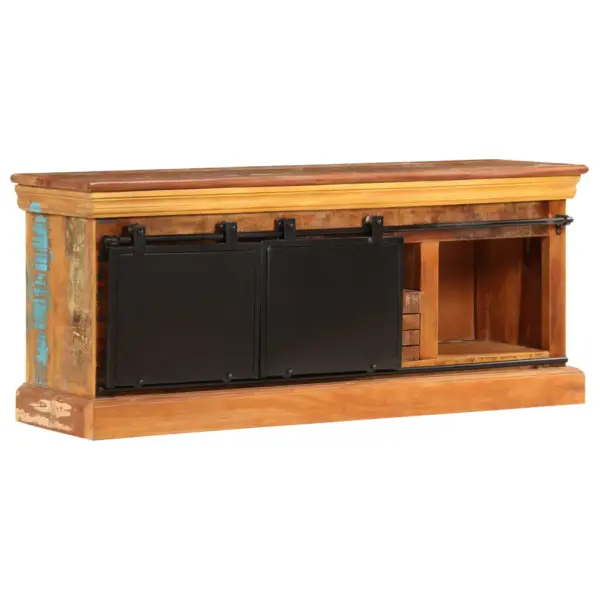 Taaskasutatud puidust telerialus metallist liugustega, 3 sektsiooni ja sahtliga, 110 x 30 x 45 cm – 5