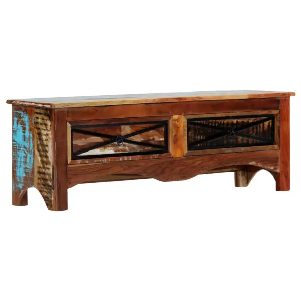 Retro telerikapp taaskasutatud puidust, 2 sahtliga, 120 x 30 x 40 cm – 12