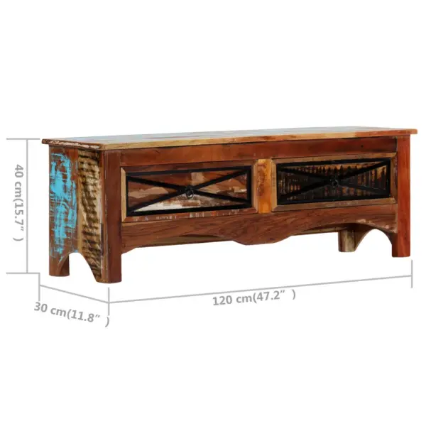 Retro telerikapp taaskasutatud puidust, 2 sahtliga, 120 x 30 x 40 cm – 8