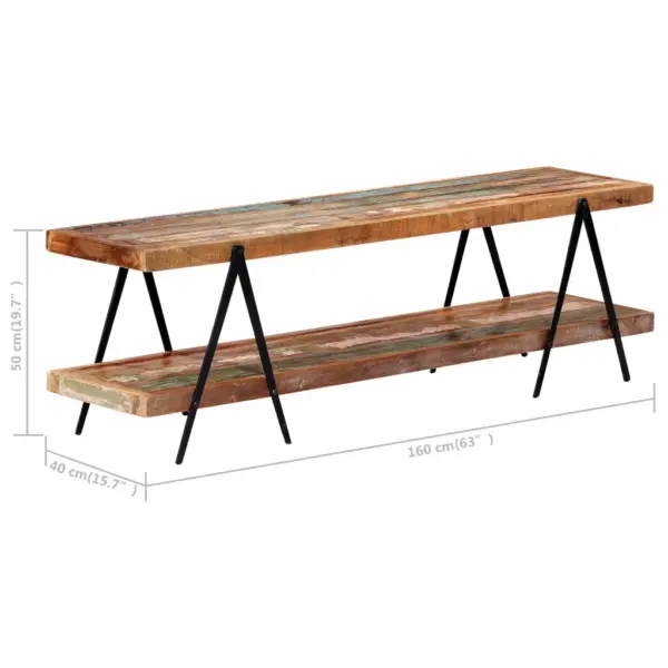 Telerikapp taaskasutatud puidust, musta metallraamiga, 2 riiuliga, 160 x 40 x 50 cm – 5