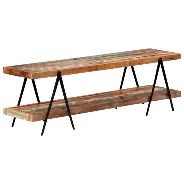 Telerikapp taaskasutatud puidust, musta metallraamiga, 2 riiuliga, 160 x 40 x 50 cm – 6