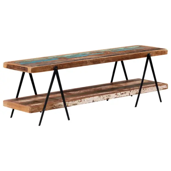 Telerikapp taaskasutatud puidust, musta metallraamiga, 2 riiuliga, 160 x 40 x 50 cm – 8
