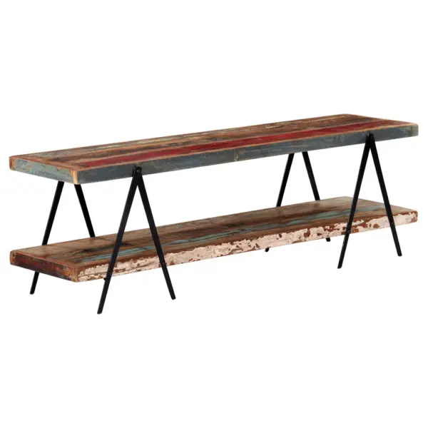 Telerikapp taaskasutatud puidust, musta metallraamiga, 2 riiuliga, 160 x 40 x 50 cm – 9
