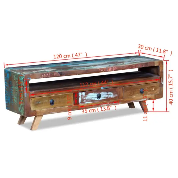 Taaskasutatud puidust telerikapp 3 sahtliga, mitmevärviline, 120 x 30 x 40 cm – 8