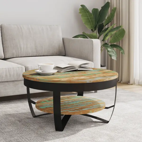 Ümar taaskasutatud puidust kohvilaud riiuliga, pulbervärvitud terasraam, 65 x 32 cm – 3