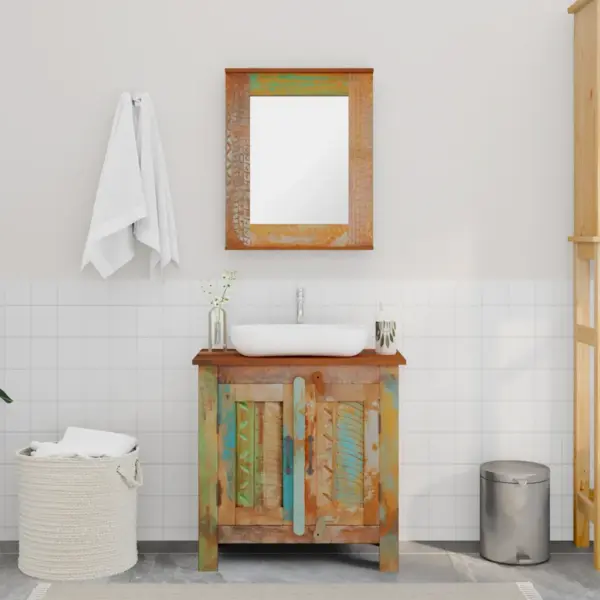Taaskasutatud puidust valamukapp peegliga, mitmevärviline, 60 x 30 x 60 cm – 3