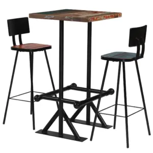 Tööstusliku stiiliga baarikomplekt taastatud puidust, 3-osaline, mitmevärviline, laud 60 x 60 x 107 cm