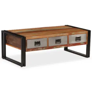 Vanaaegse stiiliga taastatud puidust kohvilaud 3 sahtliga, terasjalgadel, pruun, 100 x 50 x 35 cm
