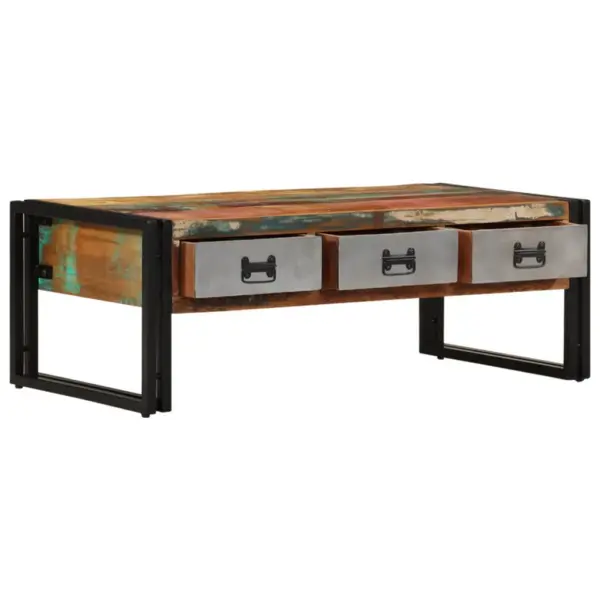 Vanaaegse stiiliga taastatud puidust kohvilaud 3 sahtliga, terasjalgadel, pruun, 100 x 50 x 35 cm – 2