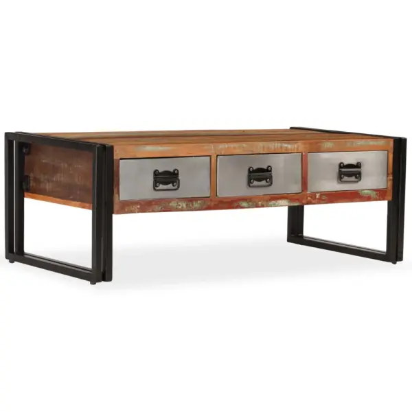 Vanaaegse stiiliga taastatud puidust kohvilaud 3 sahtliga, terasjalgadel, pruun, 100 x 50 x 35 cm – 11