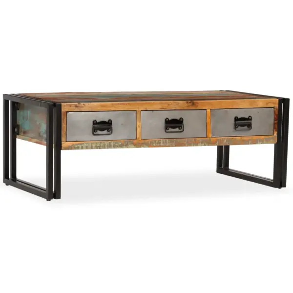 Vanaaegse stiiliga taastatud puidust kohvilaud 3 sahtliga, terasjalgadel, pruun, 100 x 50 x 35 cm – 12