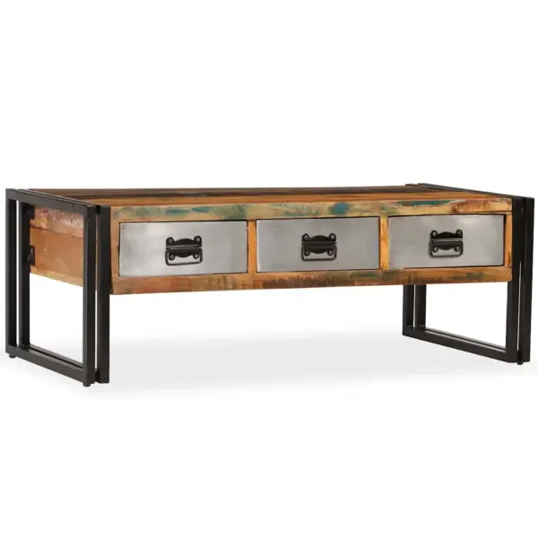 Vanaaegse stiiliga taastatud puidust kohvilaud 3 sahtliga, terasjalgadel, pruun, 100 x 50 x 35 cm – 13