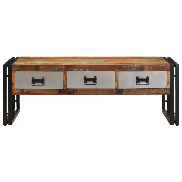 Vanaaegse stiiliga taastatud puidust kohvilaud 3 sahtliga, terasjalgadel, pruun, 100 x 50 x 35 cm – 3