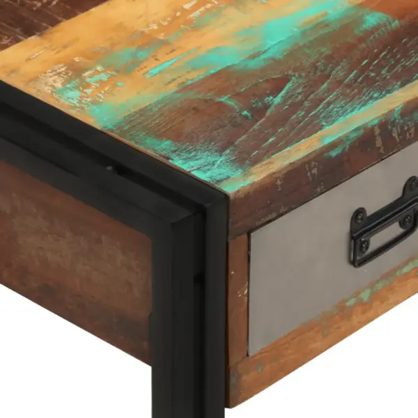 Vanaaegse stiiliga taastatud puidust kohvilaud 3 sahtliga, terasjalgadel, pruun, 100 x 50 x 35 cm – 5