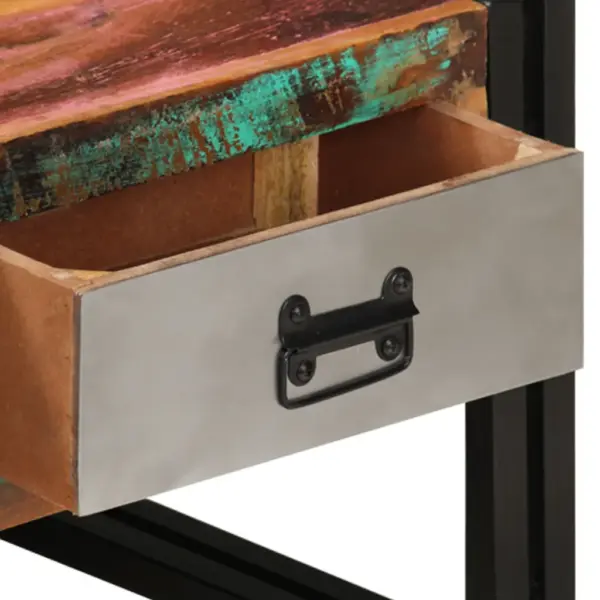 Vanaaegse stiiliga taastatud puidust kohvilaud 3 sahtliga, terasjalgadel, pruun, 100 x 50 x 35 cm – 7