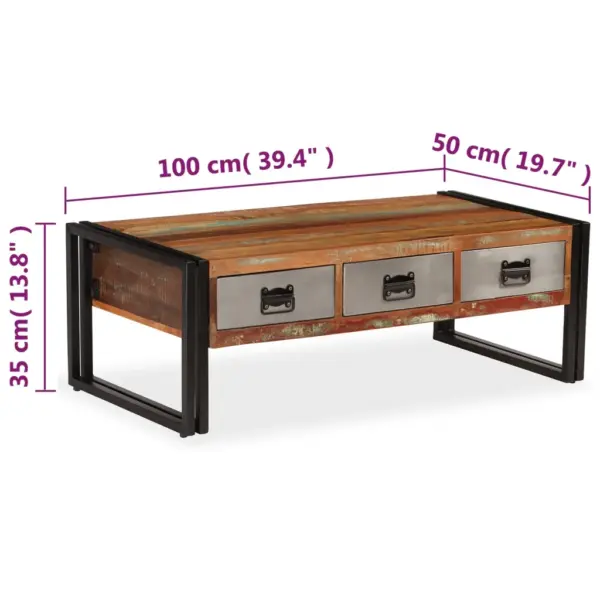Vanaaegse stiiliga taastatud puidust kohvilaud 3 sahtliga, terasjalgadel, pruun, 100 x 50 x 35 cm – 9