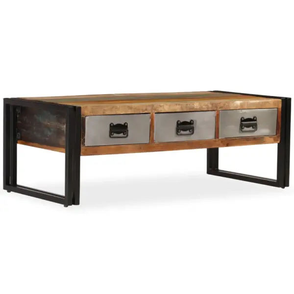 Vanaaegse stiiliga taastatud puidust kohvilaud 3 sahtliga, terasjalgadel, pruun, 100 x 50 x 35 cm – 10