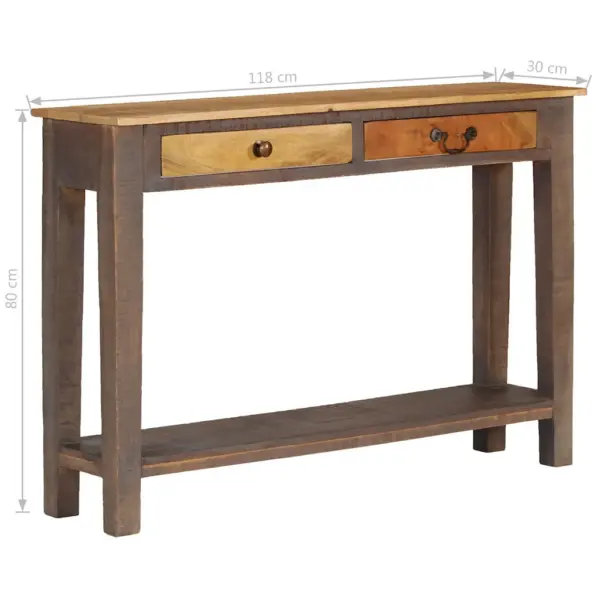 Antiikstiilis pruun täispuidust konsoollaud kahe sahtli ja riiuliga, 118 x 30 x 80 cm – 13
