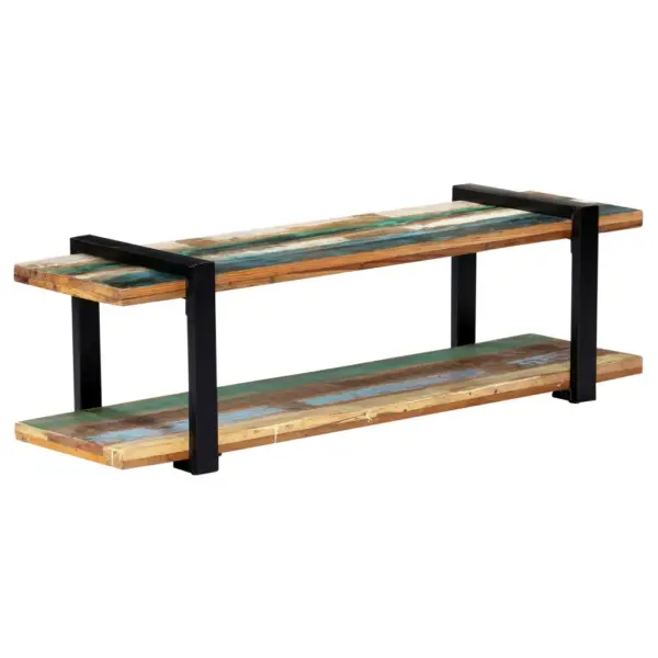 Industriaalstiilis telerikapp alumise riiuliga, taaskasutatud puit ja must metall, 130 x 40 x 40 cm – 9