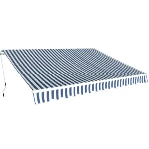 Käsitsi avatav kokkupandav terrassivarikatus, 350 cm, sinine-valge, alumiiniumraam, väljaulatuvus 250 cm