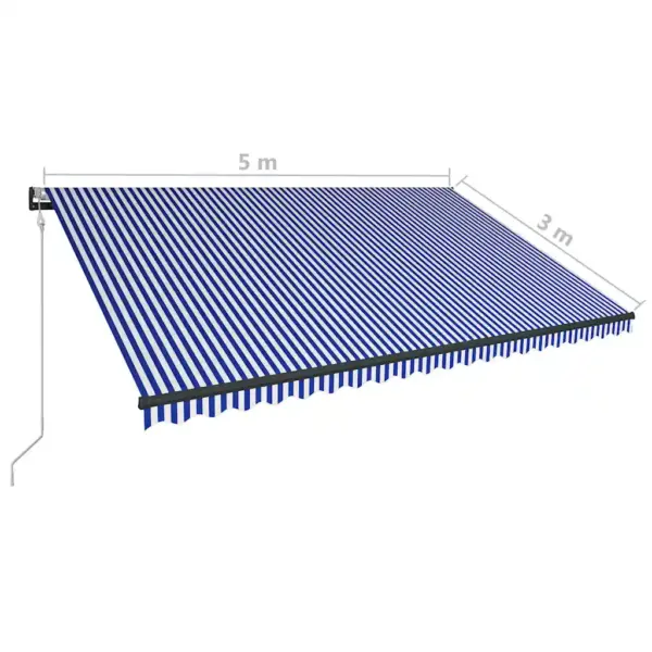 Käsitsi sissetõmmatav terrassivarikatus LED-valgustuse ja tuuleanduriga, 500 x 300 cm, sinine-valge kangas, hall alumiiniumraam - 12